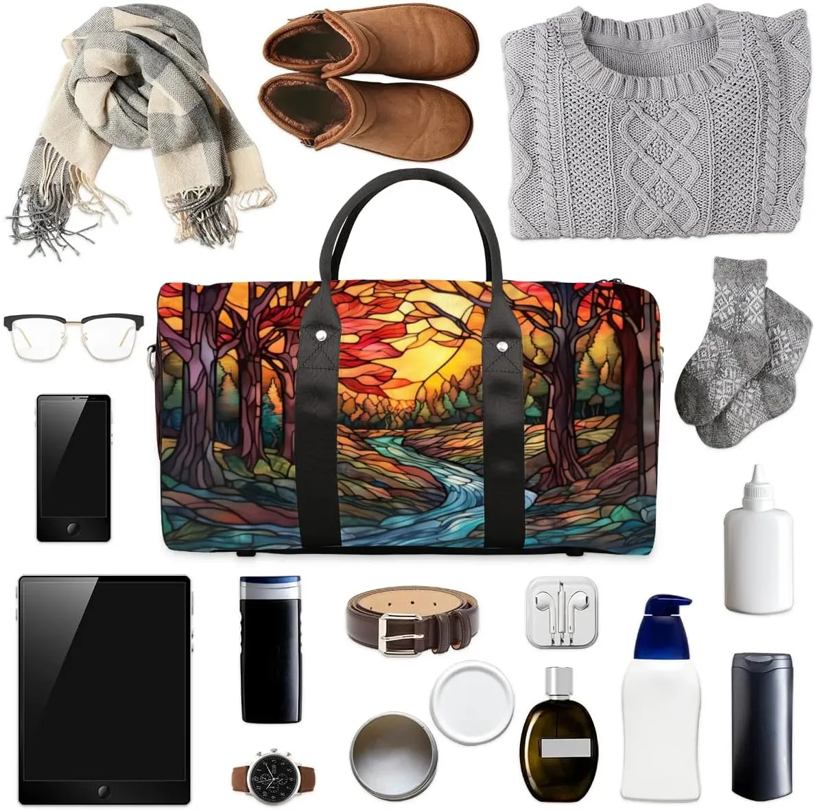 Travel Duffel Bag, Glass Painting Autumn Fall Forest Sports Tote Gym Bag Foldable Western Aztec Weekender Bag Carry on Luggage Handle Bag Overnight Shoulder Bag for Women Men,A-019