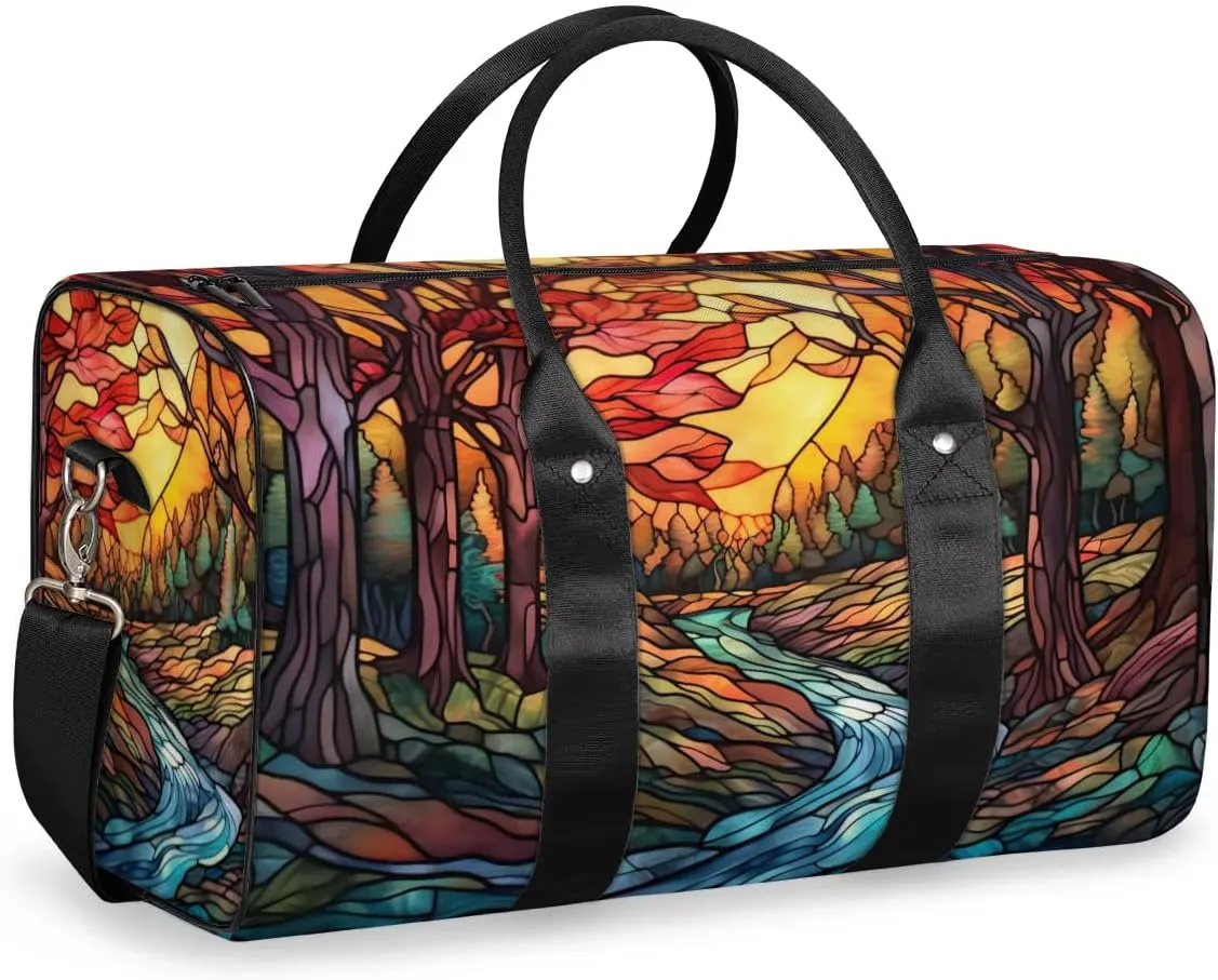 Travel Duffel Bag, Glass Painting Autumn Fall Forest Sports Tote Gym Bag Foldable Western Aztec Weekender Bag Carry on Luggage Handle Bag Overnight Shoulder Bag for Women Men,A-019