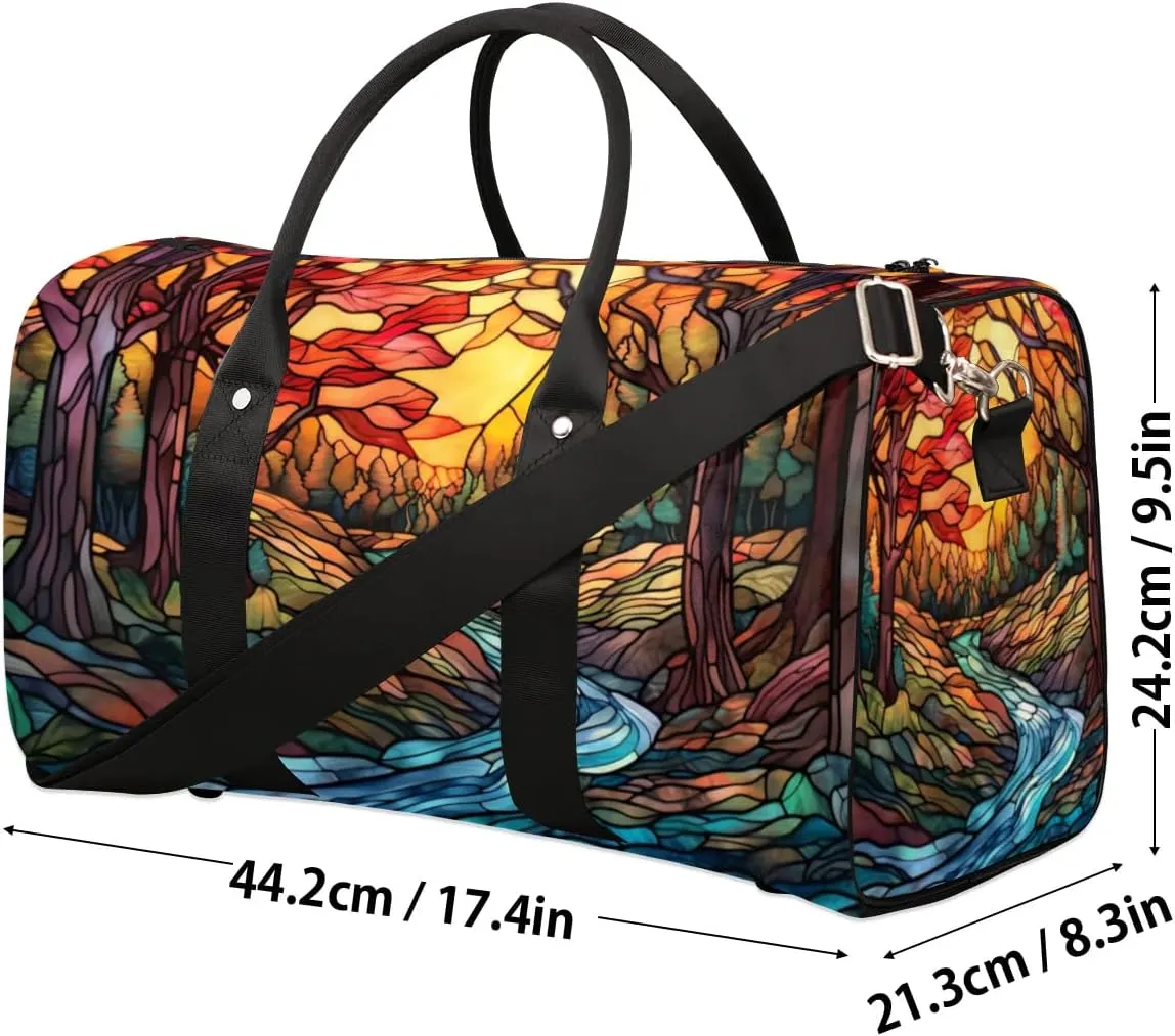 Travel Duffel Bag, Glass Painting Autumn Fall Forest Sports Tote Gym Bag Foldable Western Aztec Weekender Bag Carry on Luggage Handle Bag Overnight Shoulder Bag for Women Men,A-019
