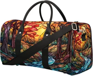 Travel Duffel Bag, Glass Painting Autumn Fall Forest Sports Tote Gym Bag Foldable Western Aztec Weekender Bag Carry on Luggage Handle Bag Overnight Shoulder Bag for Women Men,A-019