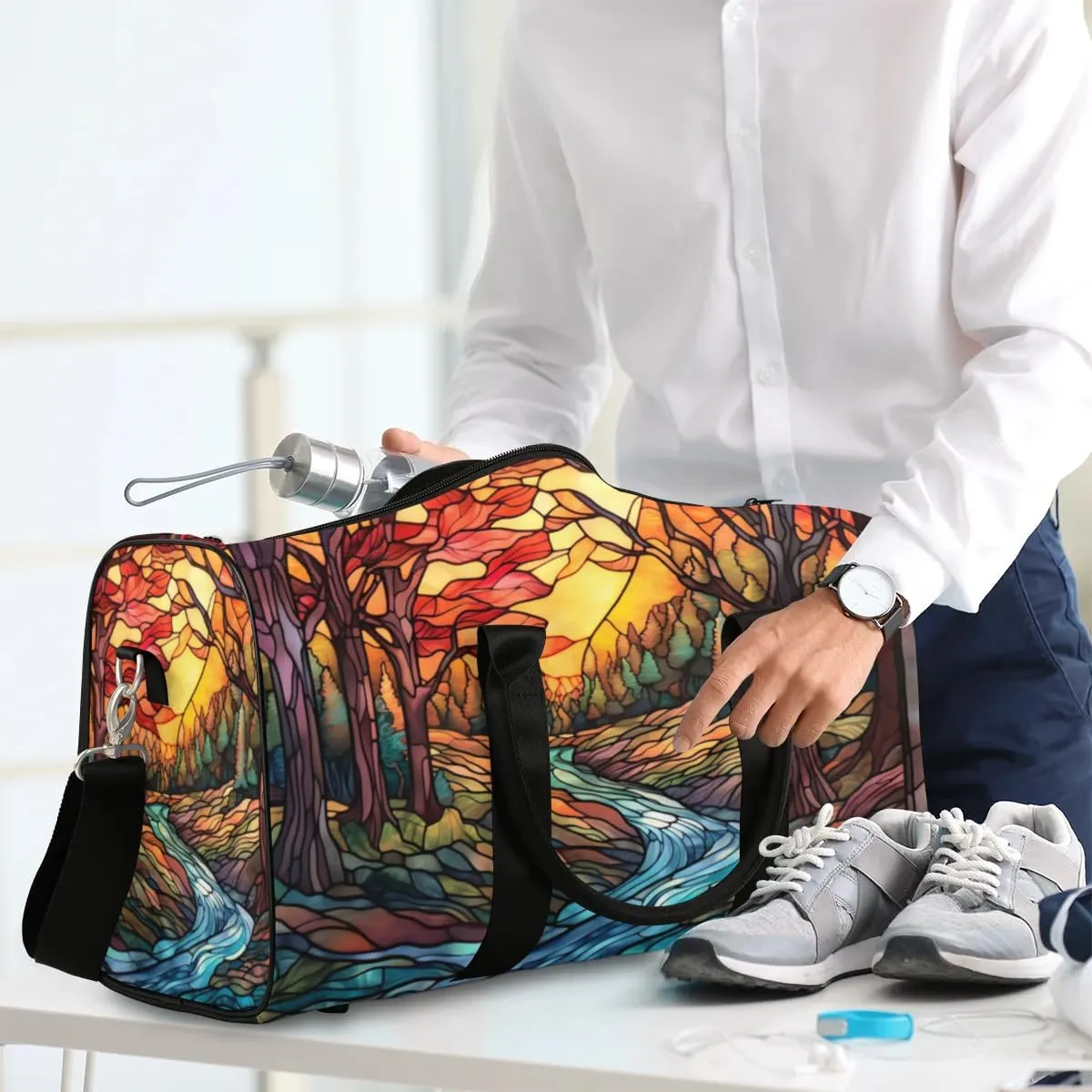 Travel Duffel Bag, Glass Painting Autumn Fall Forest Sports Tote Gym Bag Foldable Western Aztec Weekender Bag Carry on Luggage Handle Bag Overnight Shoulder Bag for Women Men,A-019