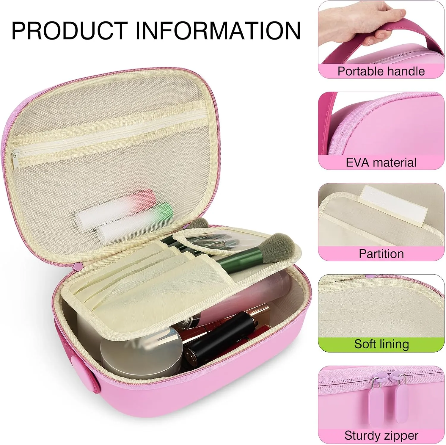 Travel Makeup Bag, Portable EVA Material Makeup Storage Bag with Hand Strap, Large Capacity Cosmetic Bag for Women, Essential Organizer for Makeup with Compartment (Pink)