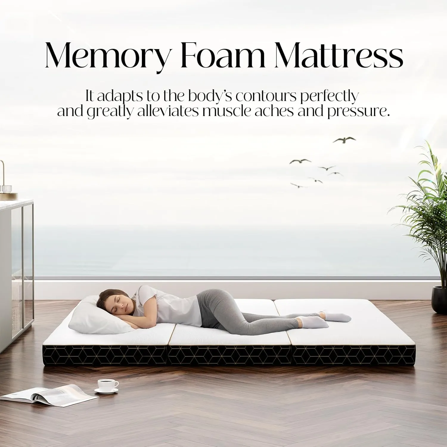 Tri-Fold Memory Foam Mattress Single - 4 Inch Portable Folding Mattress with Handle & Washable Cover, Floor Bed with Non-Slip Base, Space-Saving for Kids Room, Travel, Guest Bed, Yoga, RV, 75"x25"x4"