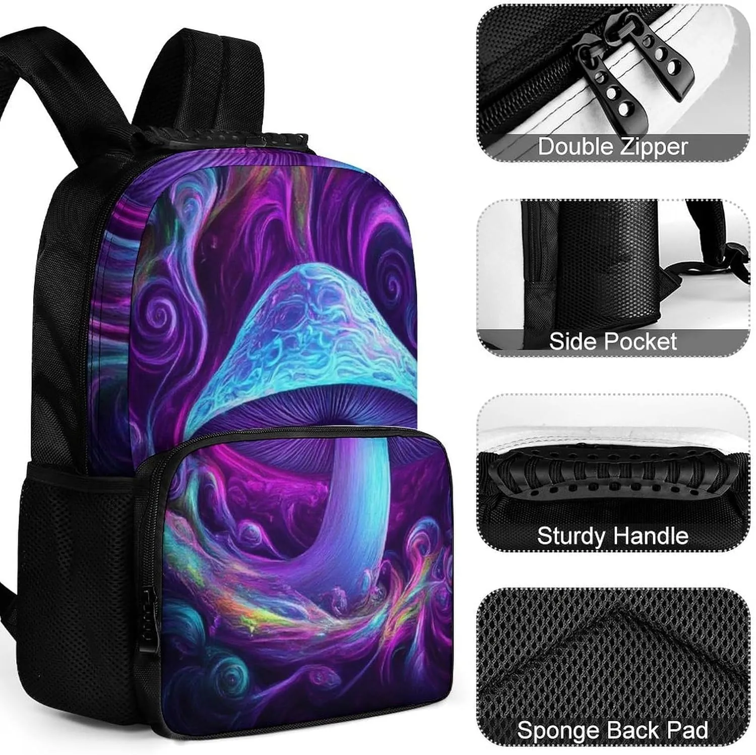 Trippy Mushrooms Purple Art Rucksacks Lightweight Multipurpose Anti-Theft Shoulder Bag Large Capacity Business Computer Bag With Smooth Zippers