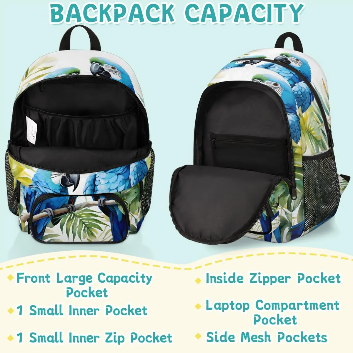 Tropical Birds Parrot Carry on Travel Backpack for Women Men Water resistant Lightweight Rucksack Backpack for Weekender Casual Work Hiking Parrots Flowers Leaves