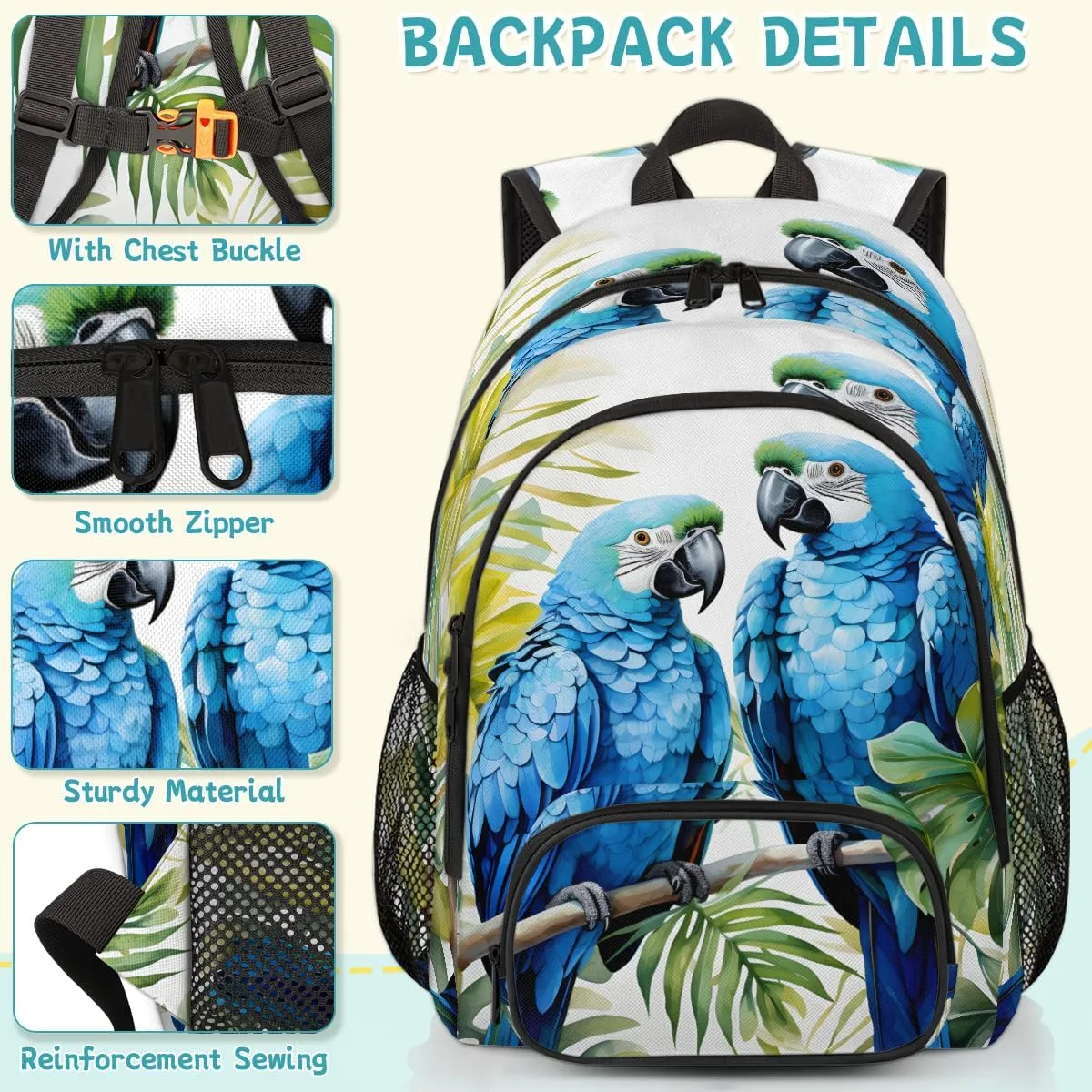 Tropical Birds Parrot Carry on Travel Backpack for Women Men Water resistant Lightweight Rucksack Backpack for Weekender Casual Work Hiking Parrots Flowers Leaves