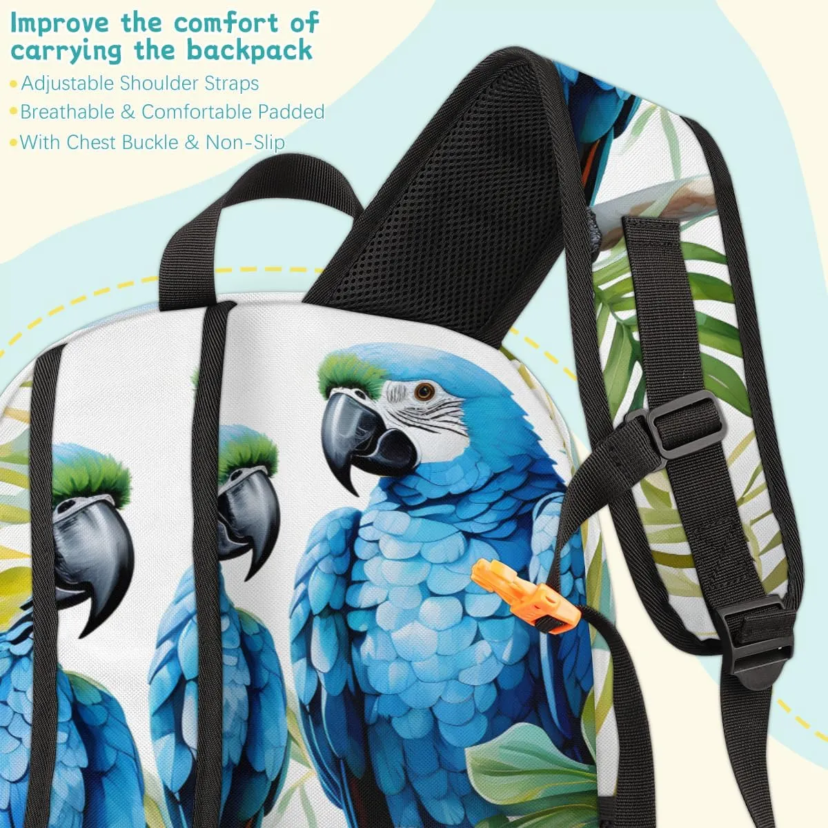 Tropical Birds Parrot Carry on Travel Backpack for Women Men Water resistant Lightweight Rucksack Backpack for Weekender Casual Work Hiking Parrots Flowers Leaves