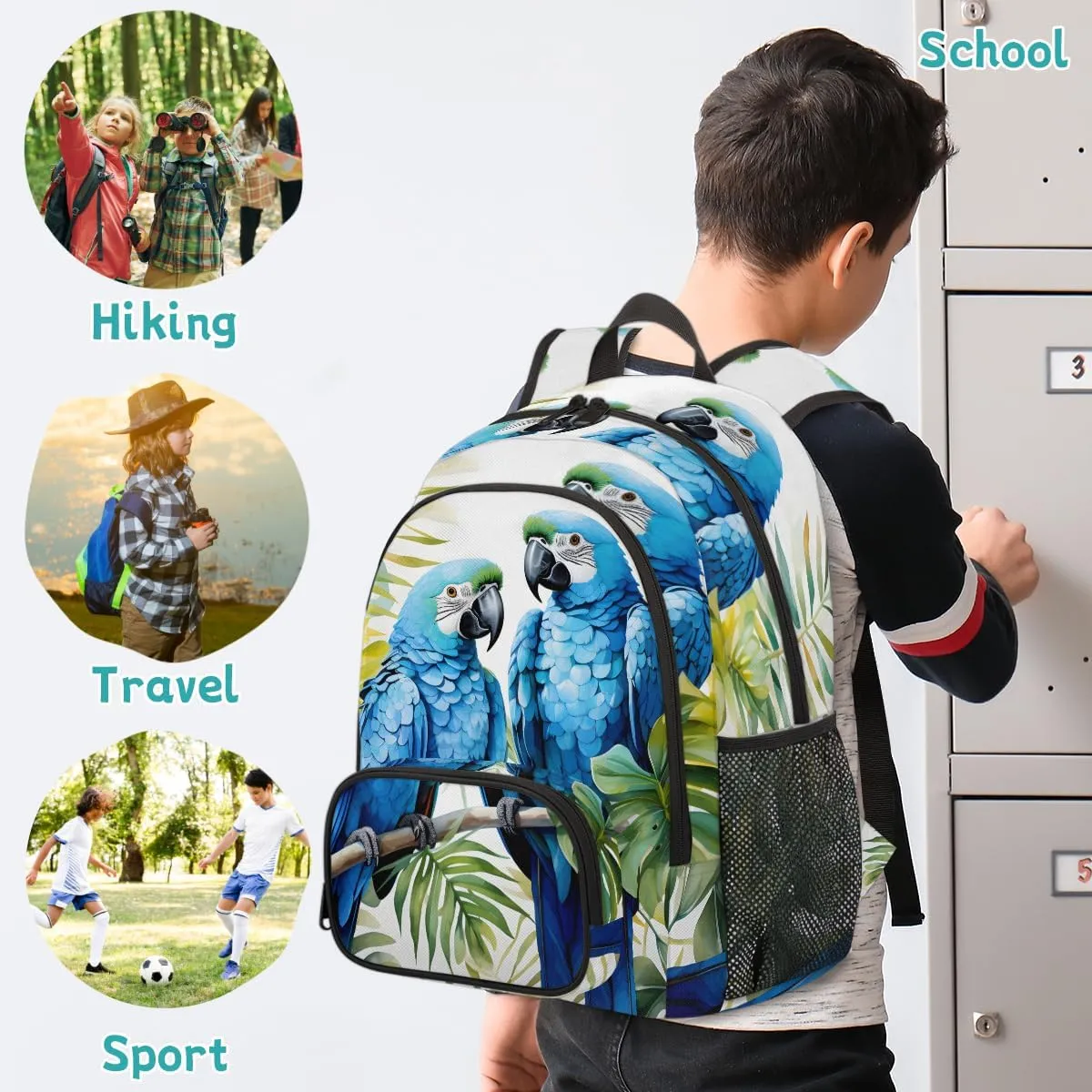 Tropical Birds Parrot Carry on Travel Backpack for Women Men Water resistant Lightweight Rucksack Backpack for Weekender Casual Work Hiking Parrots Flowers Leaves