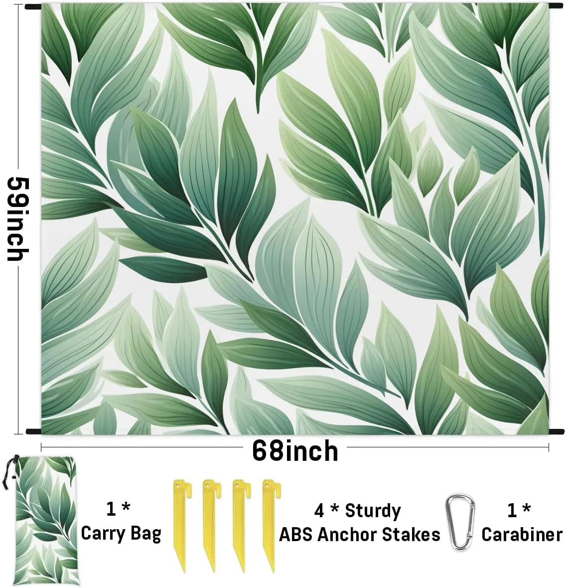 Tropical Leaves Beach Blanket, Sandproof Beach Mat, 68 x 59 Waterproof Quick Drying Sand Free Mat with 4 x Ground Spikes for Outdoor Travel Camping Hiking, Palms Leaves
