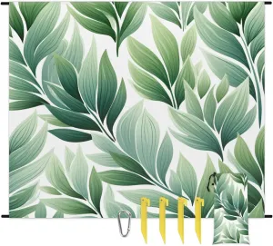 Tropical Leaves Beach Blanket, Sandproof Beach Mat, 68 x 59 Waterproof Quick Drying Sand Free Mat with 4 x Ground Spikes for Outdoor Travel Camping Hiking, Palms Leaves