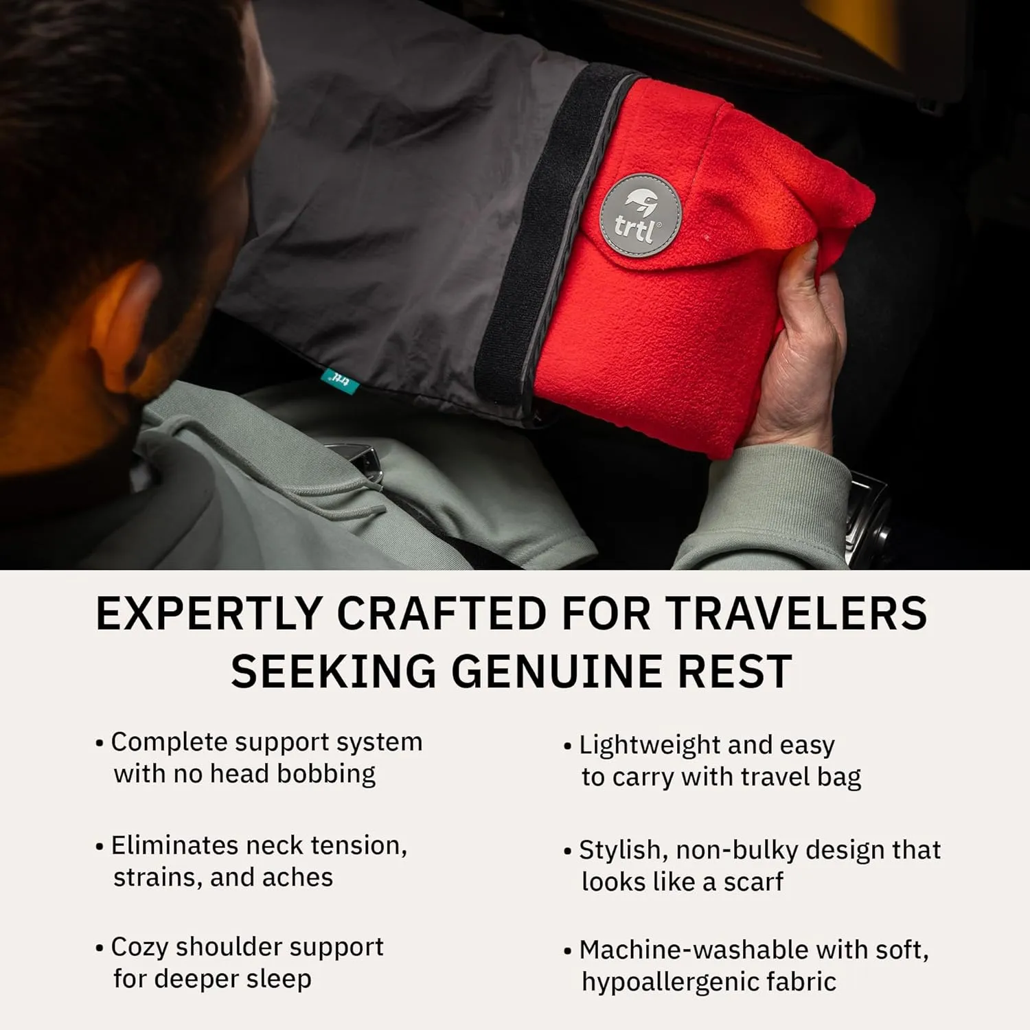 trtl Travel and Airplane Pillow - Real Sleeping Experience on Long Flights - Neck and Shoulder Support - Super-Soft, Lightweight, Easy-to-Carry, and Machine-Washable Flight Pillow - Red