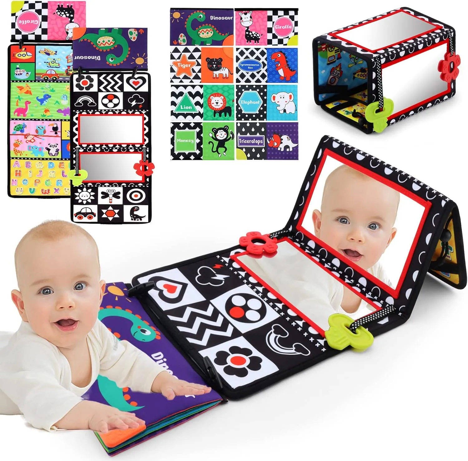 Tummy Time Floor Mirror with Crinkle Cloth Book and Teethers, Double-sided Baby Mirror Black and White High Contrast Baby Toys, Folding Crawling Activity Mat for Infants 3 6 12 Months (B-Mirror Book)