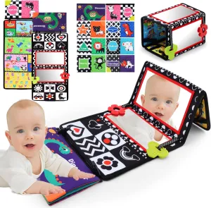 Tummy Time Floor Mirror with Crinkle Cloth Book and Teethers, Double-sided Baby Mirror Black and White High Contrast Baby Toys, Folding Crawling Activity Mat for Infants 3 6 12 Months (B-Mirror Book)