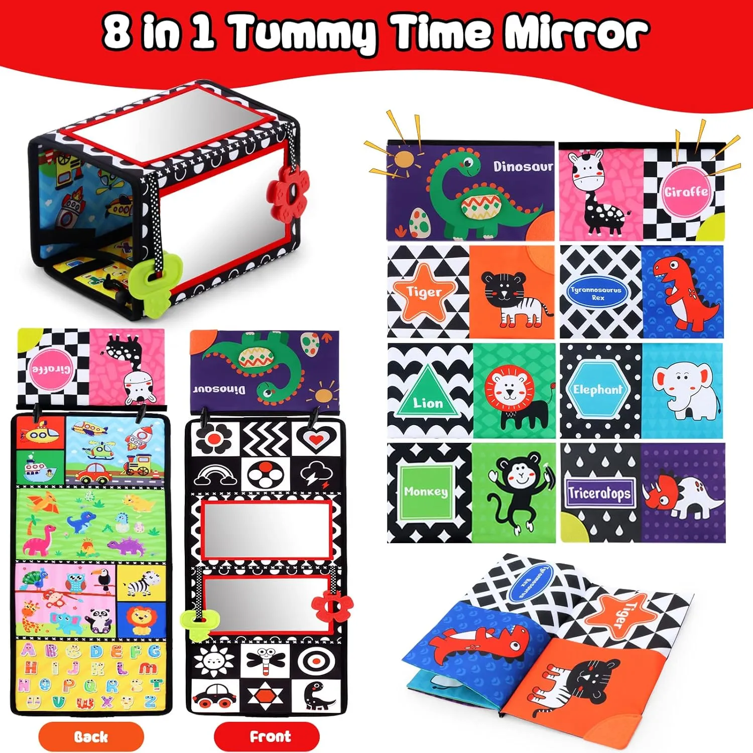 Tummy Time Floor Mirror with Crinkle Cloth Book and Teethers, Double-sided Baby Mirror Black and White High Contrast Baby Toys, Folding Crawling Activity Mat for Infants 3 6 12 Months (B-Mirror Book)