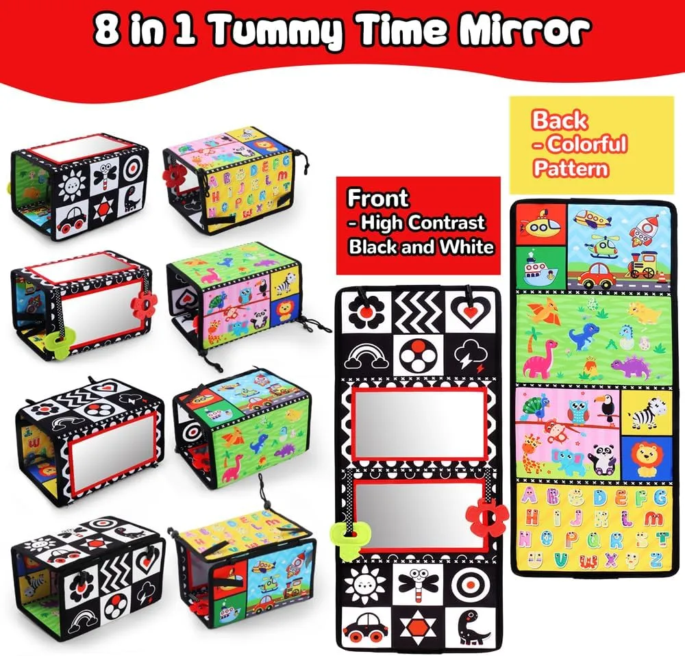 Tummy Time Floor Mirror with Teethers, Double-Sided Baby Mirror Black and White High Contrast Baby Toys for Babies, Baby Montessori Toys Crawling Developmental Newborn Infant Sensory Toys (A-Mirror)