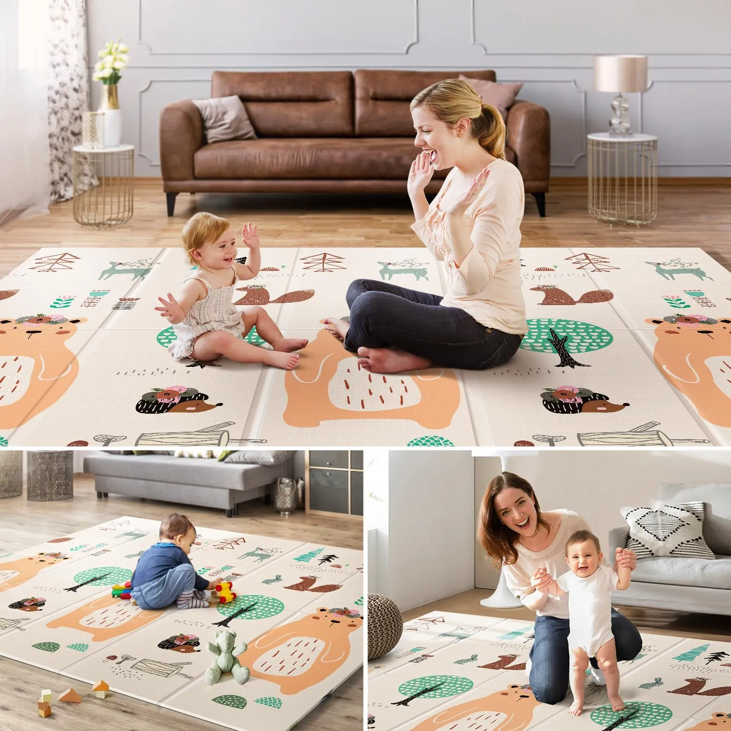 UANLAUO Foldable Baby Play Mat, Extra Large Waterproof Activity Playmats for Babies,Toddlers, Infants, Play & Tummy Time, Foam Baby Mat for Floor with Travel Bag (Bear(79x71x0.4inch))