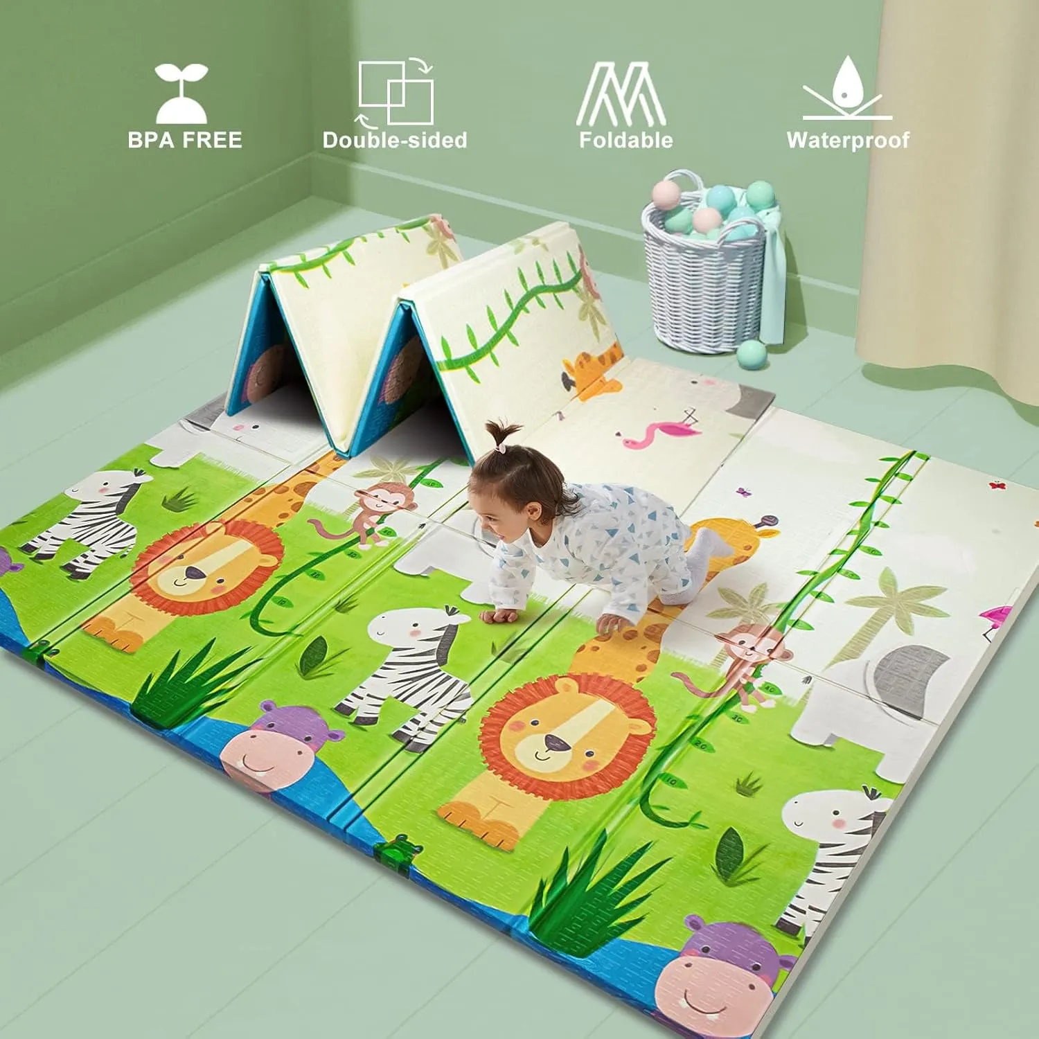 UANLAUO Play Mats for Babies and Toddlers, Baby Mat for Floor 59x59 Playpen Mat Extra Large Foldable Play Mats for Tummy Time, Waterproof and Anti-Slip Portable Foam PlayMat for Kids, Travel Bag