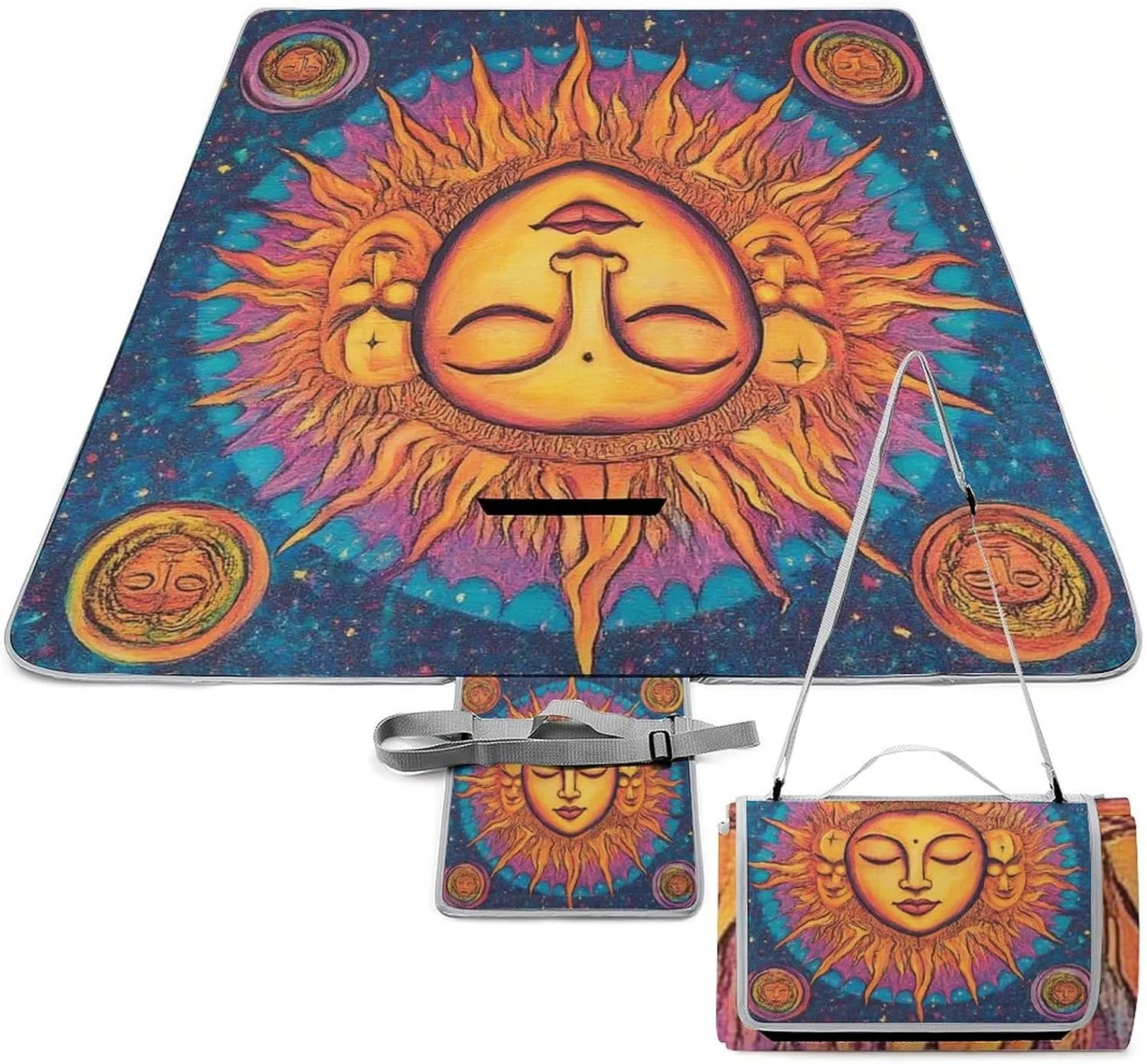 Unisex Foldable Sun and Moon Art Mat for Outdoor, Water-Resistant Handy Mat Tote, Spring Summer Camping Blanket for Picnic Travel Beach