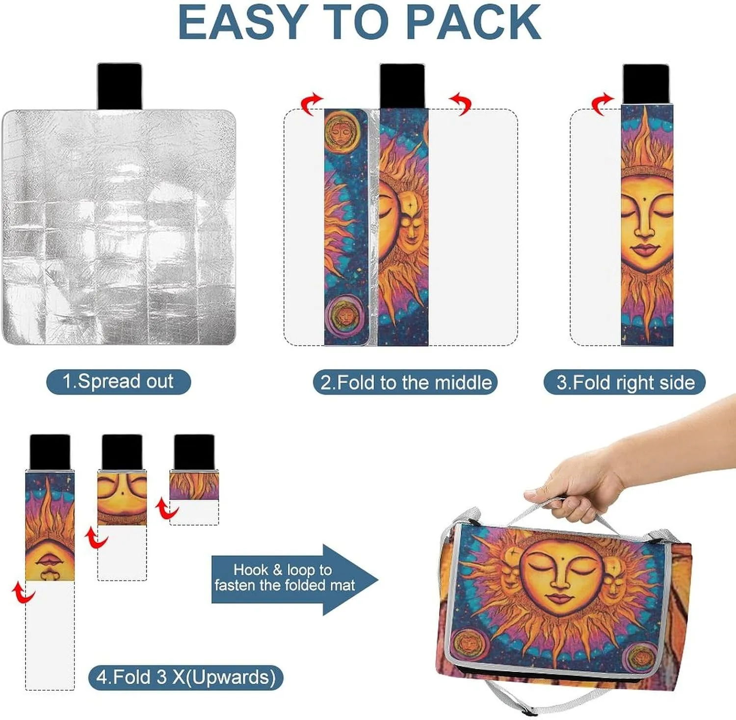 Unisex Foldable Sun and Moon Art Mat for Outdoor, Water-Resistant Handy Mat Tote, Spring Summer Camping Blanket for Picnic Travel Beach