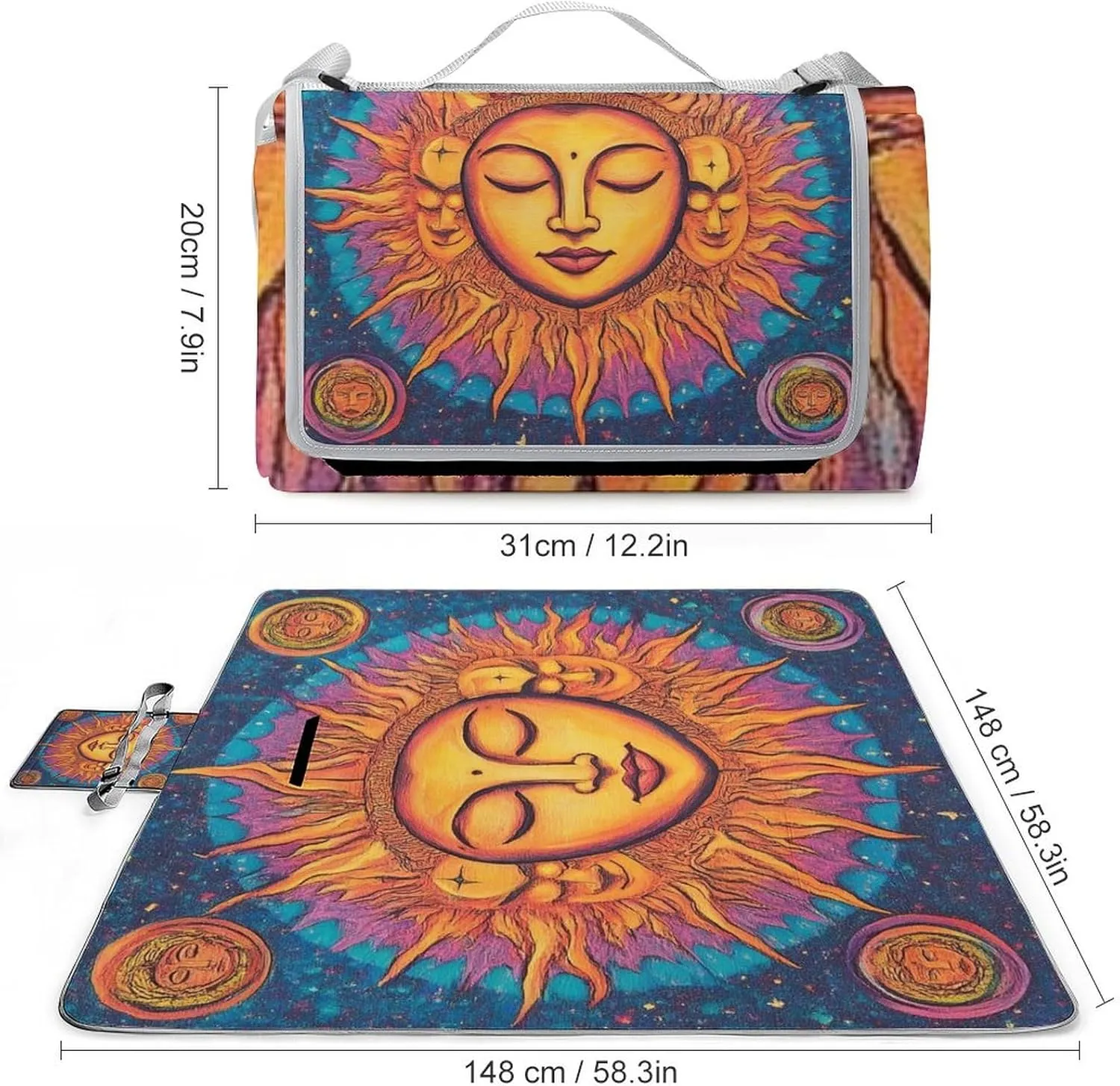 Unisex Foldable Sun and Moon Art Mat for Outdoor, Water-Resistant Handy Mat Tote, Spring Summer Camping Blanket for Picnic Travel Beach