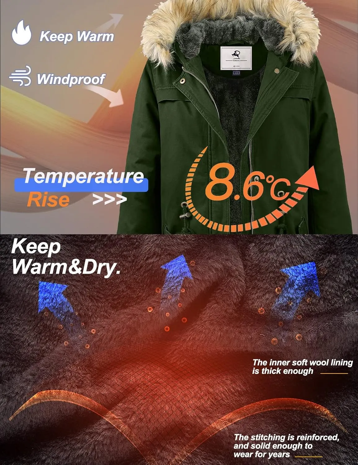 Uoiuxc Women's Hooded Winter Coat Warm Fleeced Lined Parka Long Jackets