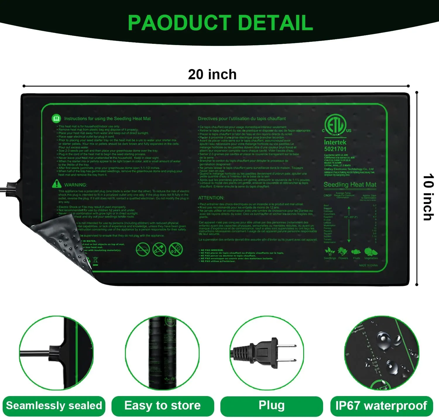 Upgrade Version 2PK Seedling Heat Mat with ETL Listed,Warm Hydroponic Heating Pad for Seed Starting,Indoor Gardening,Brewing and Greenhouses,Durable Waterproof Black Plant Heat Mat