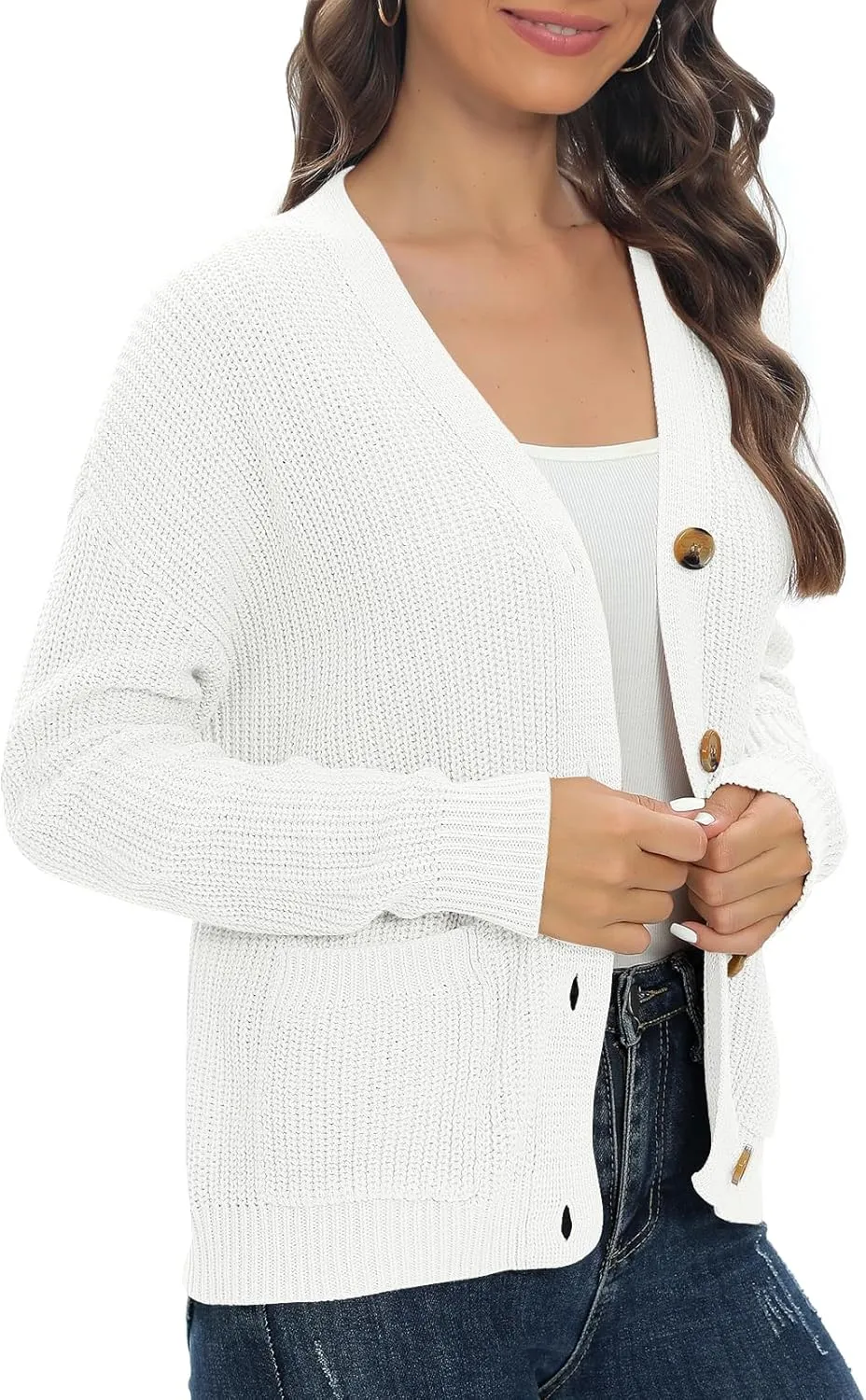 Urban CoCo Women's Lightweight Knit Open Front V-Neck Long Sleeve Button Down Casual Cardigan with Pockets
