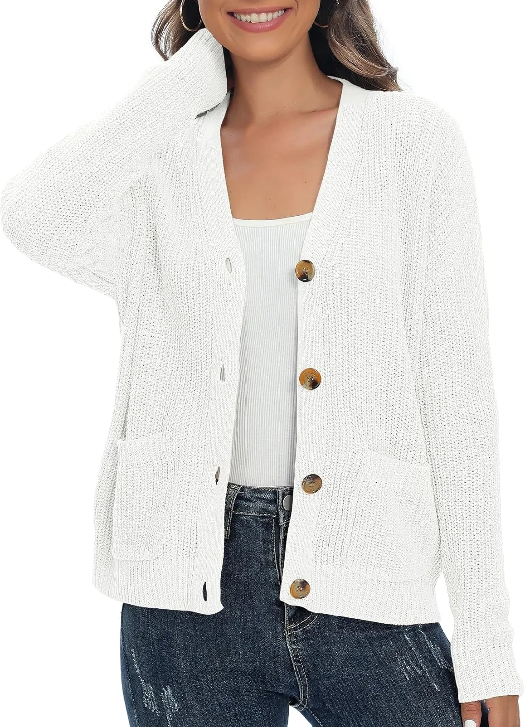 Urban CoCo Women's Lightweight Knit Open Front V-Neck Long Sleeve Button Down Casual Cardigan with Pockets