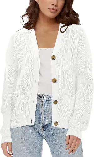 Urban CoCo Women's Lightweight Knit Open Front V-Neck Long Sleeve Button Down Casual Cardigan with Pockets
