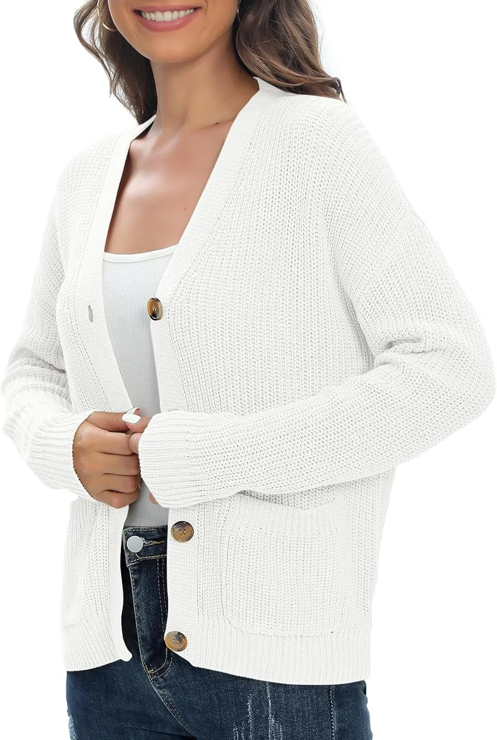 Urban CoCo Women's Lightweight Knit Open Front V-Neck Long Sleeve Button Down Casual Cardigan with Pockets