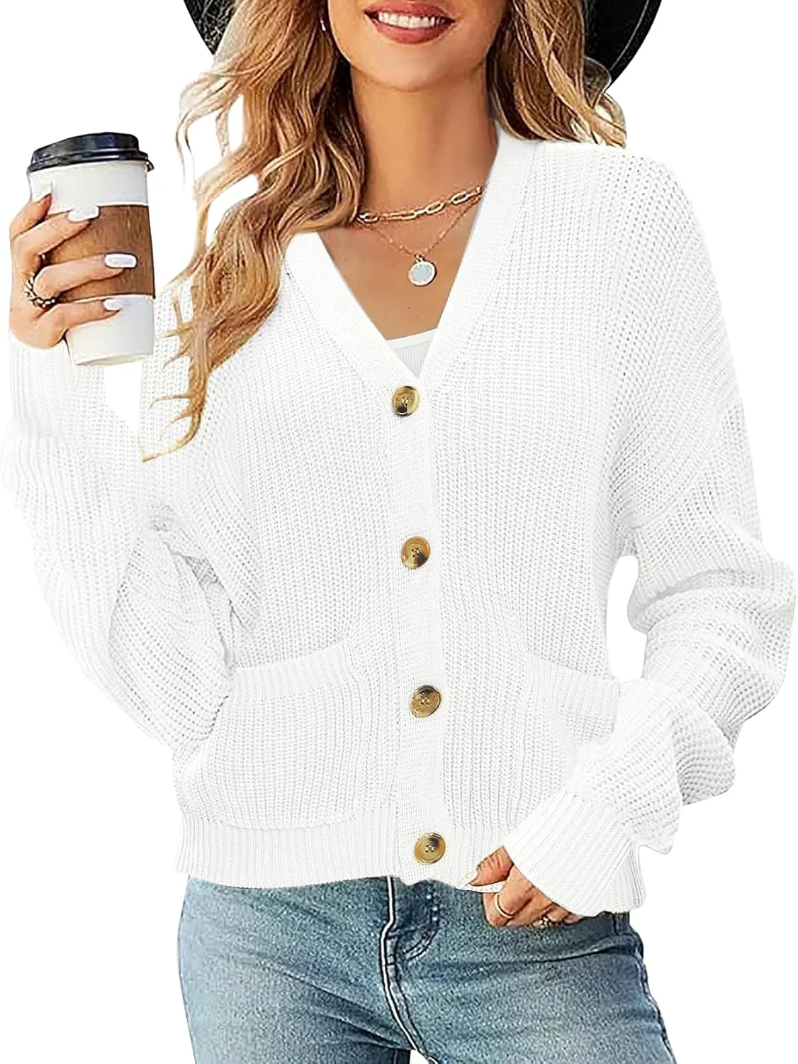 Urban CoCo Women's Lightweight Knit Open Front V-Neck Long Sleeve Button Down Casual Cardigan with Pockets