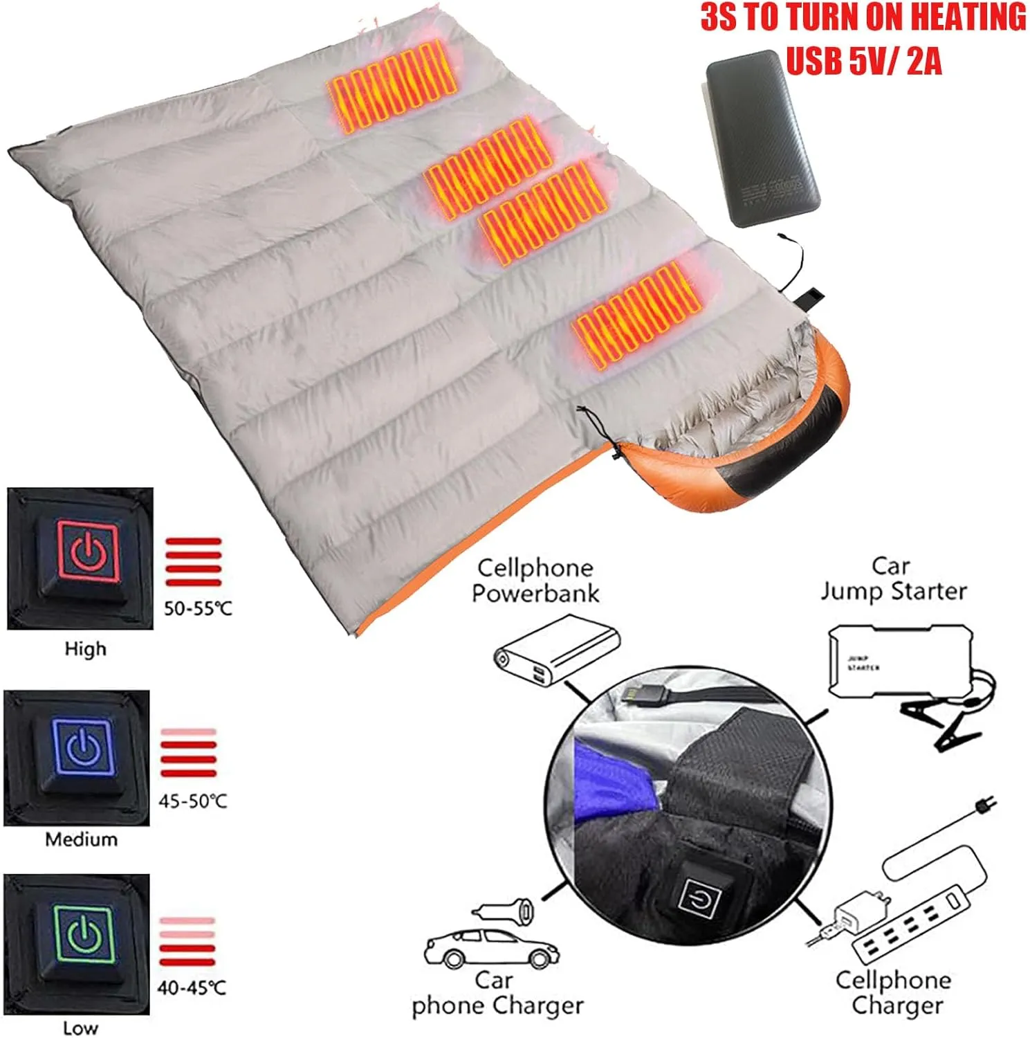 USB Heated Sleeping Bag with 20000mAh Power Bank,Camping - 3 Heats Setting, 3 Season Lightweight Comfortable Sleeping Bag for Adults Traveling,