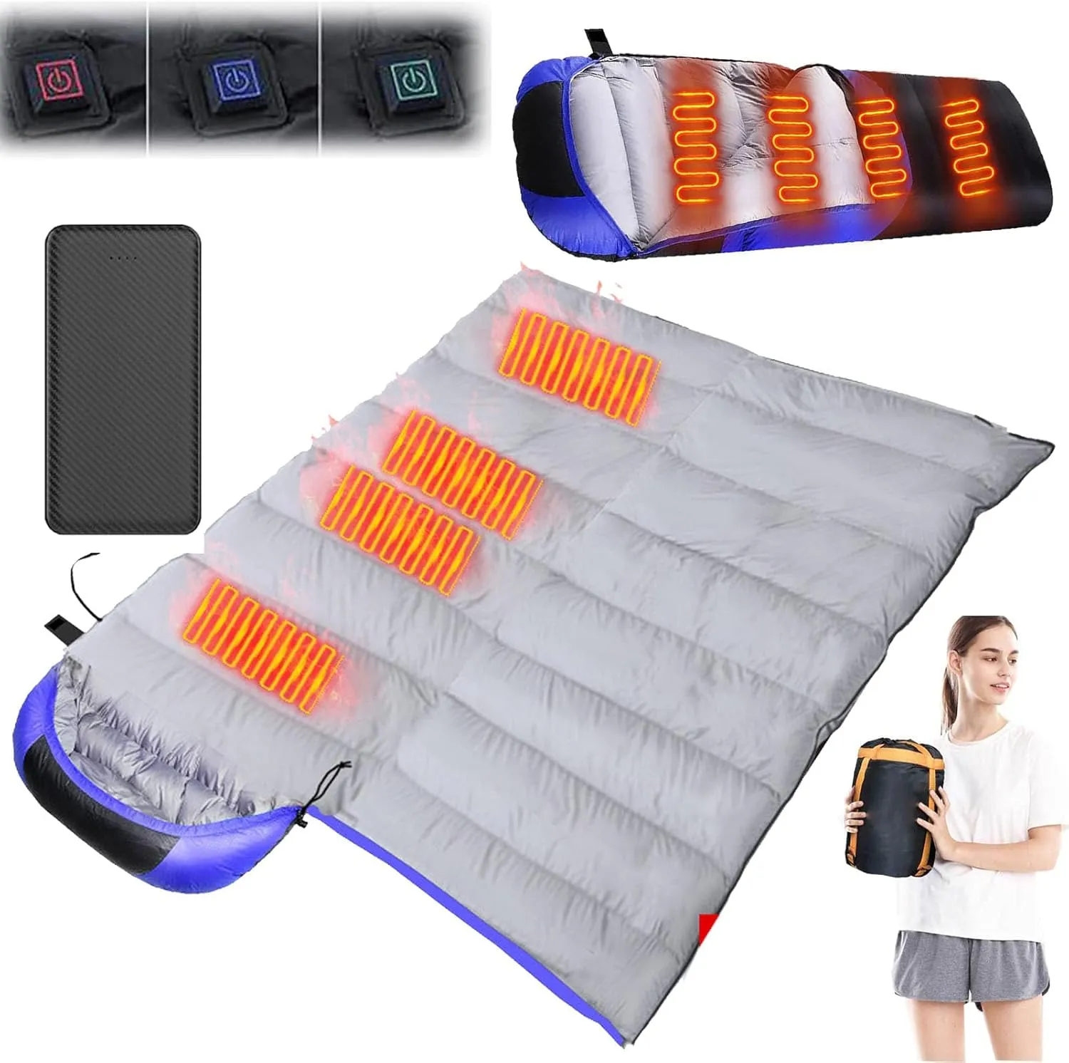 USB Heated Sleeping Bag with 20000mAh Power Bank,Camping - 3 Heats Setting, 3 Season Lightweight Comfortable Sleeping Bag for Adults Traveling,