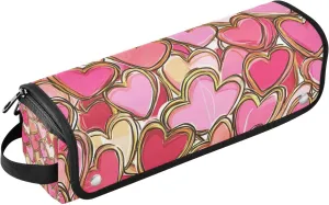 Valentine Cartoon Golden Pink Love Hair Tool Travel Bag with Heat Resistant Pad Large Hair Straigheners Travel Case for Hot Tools Curling Iron Flat Irons Hair Volumizer Styler