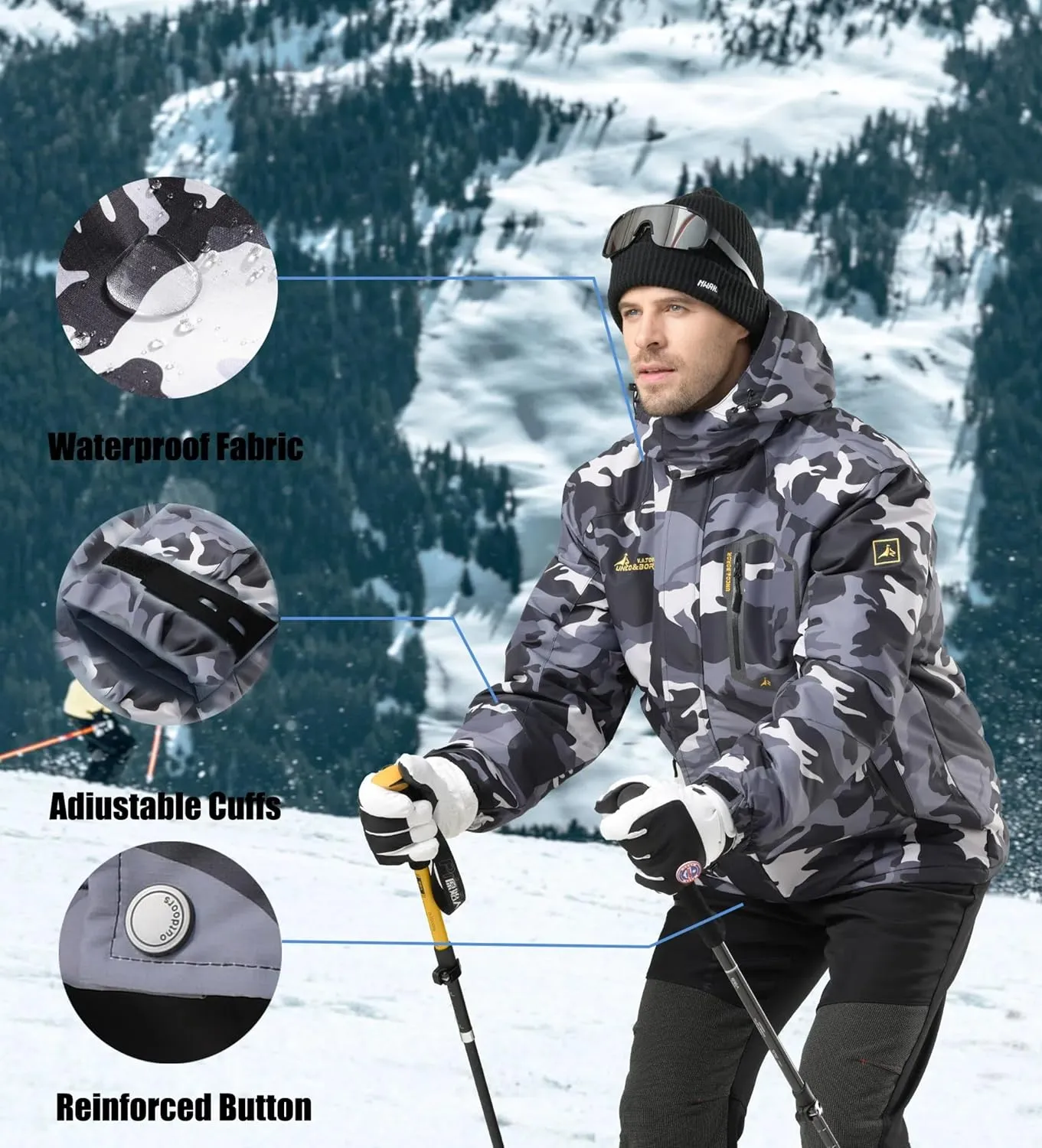V.A.TOR 189 UNCO&BOROR Men's Winter Thermal Insulated Ski Jacket,Waterproof Coat with Hood for Hiking & Snowboarding