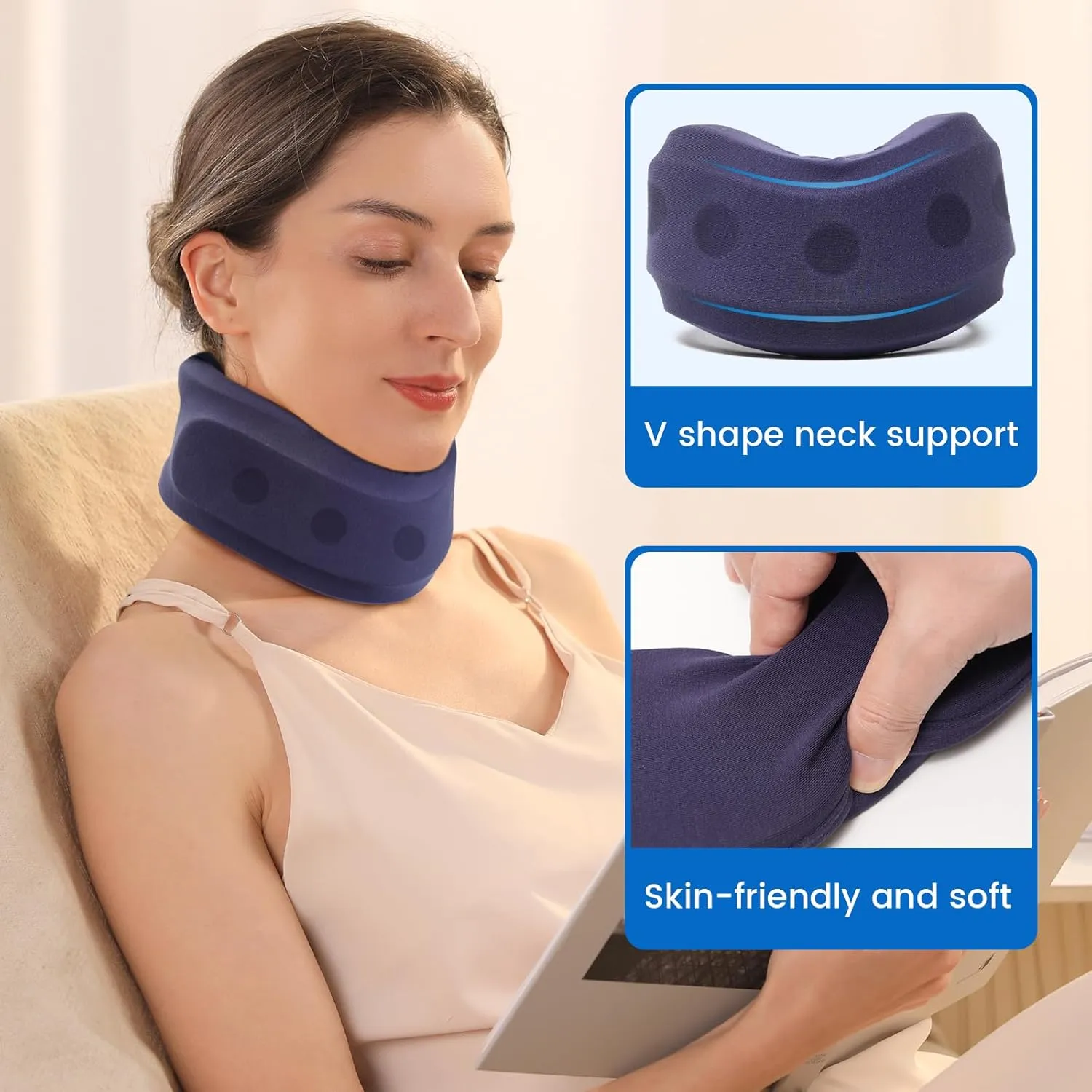 Velpeau Neck Brace for Neck Pain and Support - Soft Cervical Collar for Sleeping, Snoozing, Sleeping Upright, Anti-Snoring, Sleep Apnea for Women & Men (Blue, Enhanced Version, S: 10.5-11.5"/2.7")