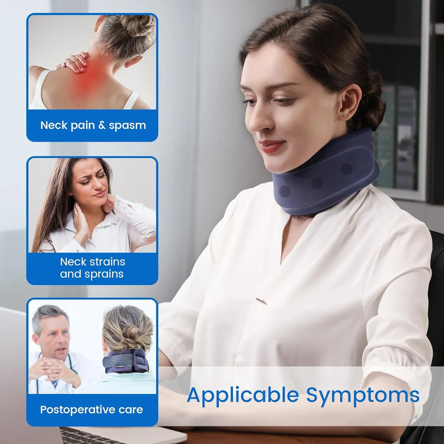 Velpeau Neck Brace for Neck Pain and Support - Soft Cervical Collar for Sleeping, Snoozing, Sleeping Upright, Anti-Snoring, Sleep Apnea for Women & Men (Blue, Enhanced Version, S: 10.5-11.5"/2.7")