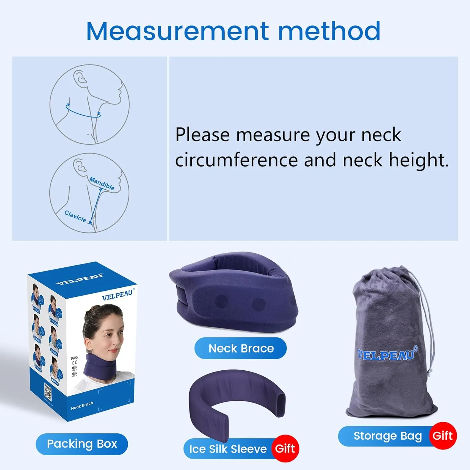 Velpeau Neck Brace for Neck Pain and Support - Soft Cervical Collar for Sleeping, Snoozing, Sleeping Upright, Anti-Snoring, Sleep Apnea for Women & Men (Blue, Enhanced Version, S: 10.5-11.5"/2.7")