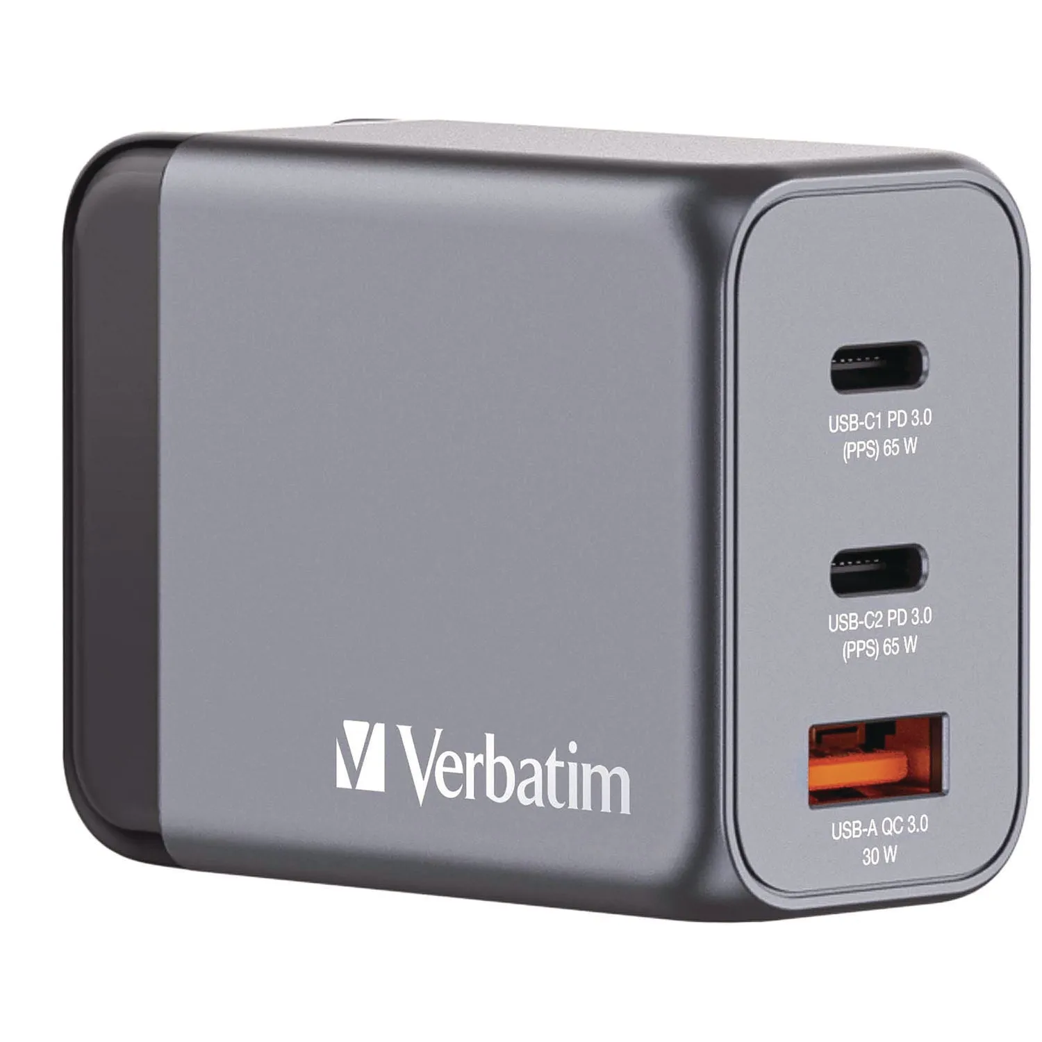 Verbatim® 65 W 3-Port GaN Wall Charger, Black/Gray
