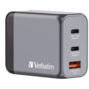 Verbatim® 65 W 3-Port GaN Wall Charger, Black/Gray