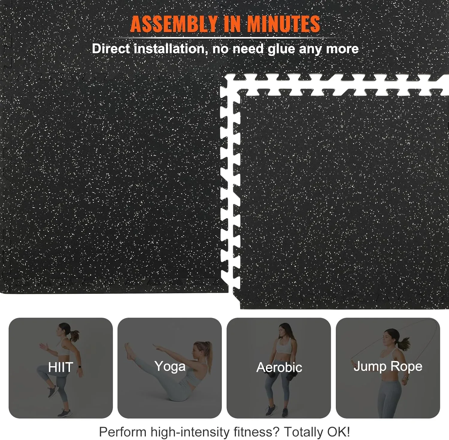VEVOR 0.56Inch 48sq.ft 12 Tiles Gym Flooring for Home Gym, Rubber Top with High Density EVA Foam,24 x 24In Gym Floor Exercise Equipment Mats, Interlocking Gym Mats, Puzzle Workout Mats, Black & Grey