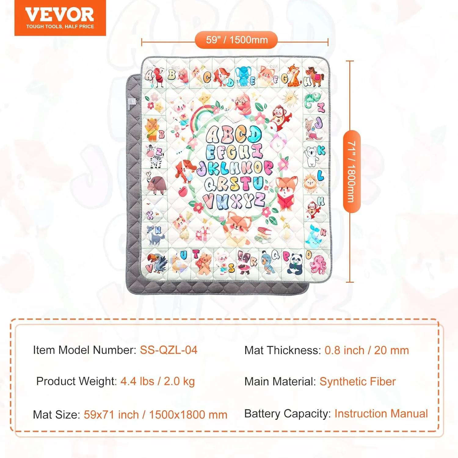 VEVOR Baby Play Mat, 59"x71" Baby Crawling Mat, Non-Slip One-Piece Thickened Soft Baby Playmat, Foldable Rollable Floor Mat, Activity Playmats for Babies,Toddlers, Infants, Machine Washable