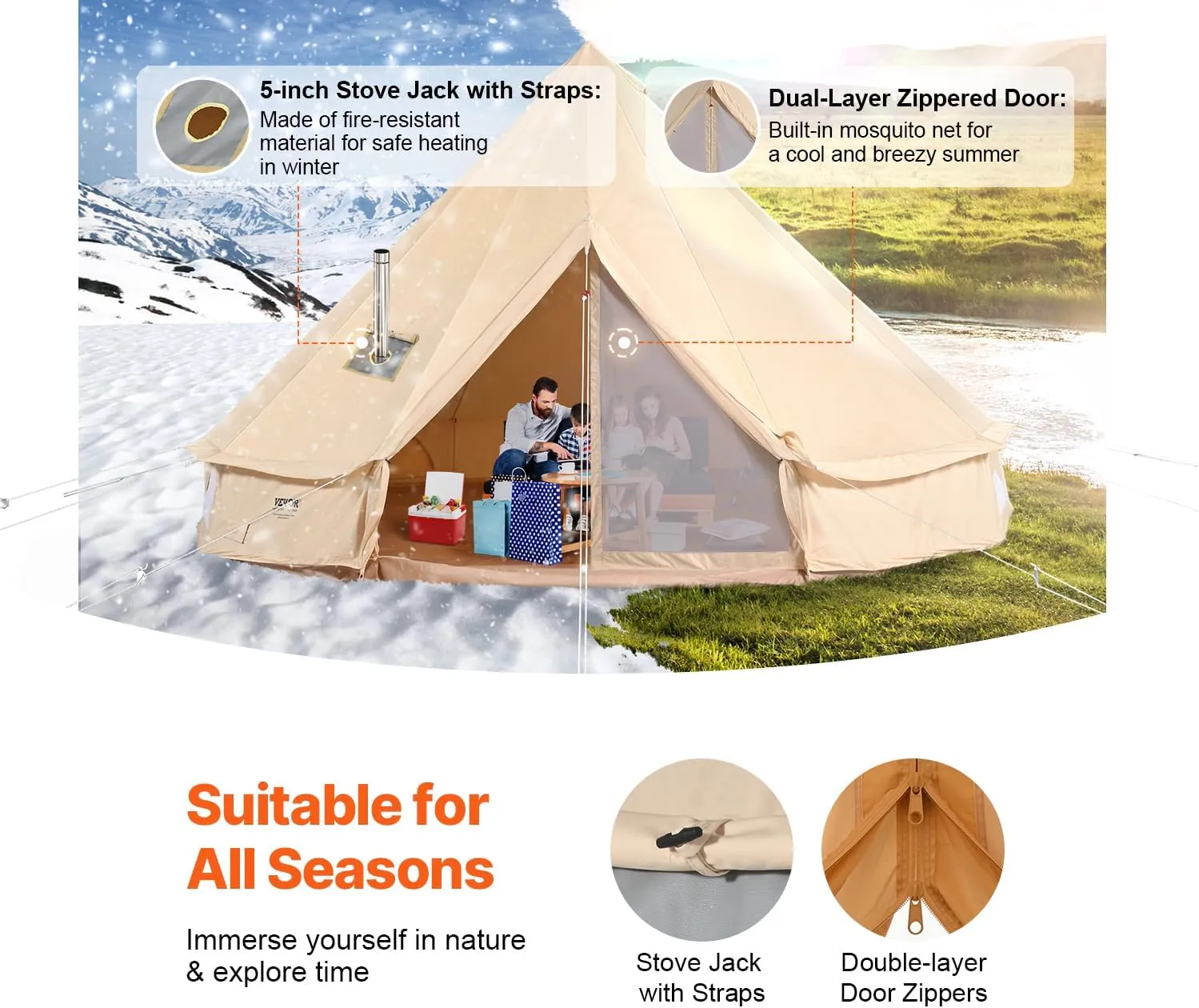 VEVOR Canvas Tent Bell, Yurt 4 Seasons for Camping with Stove Jack, Breathable Holds up to 4 People, Family Camping Outdoor Hunting Party