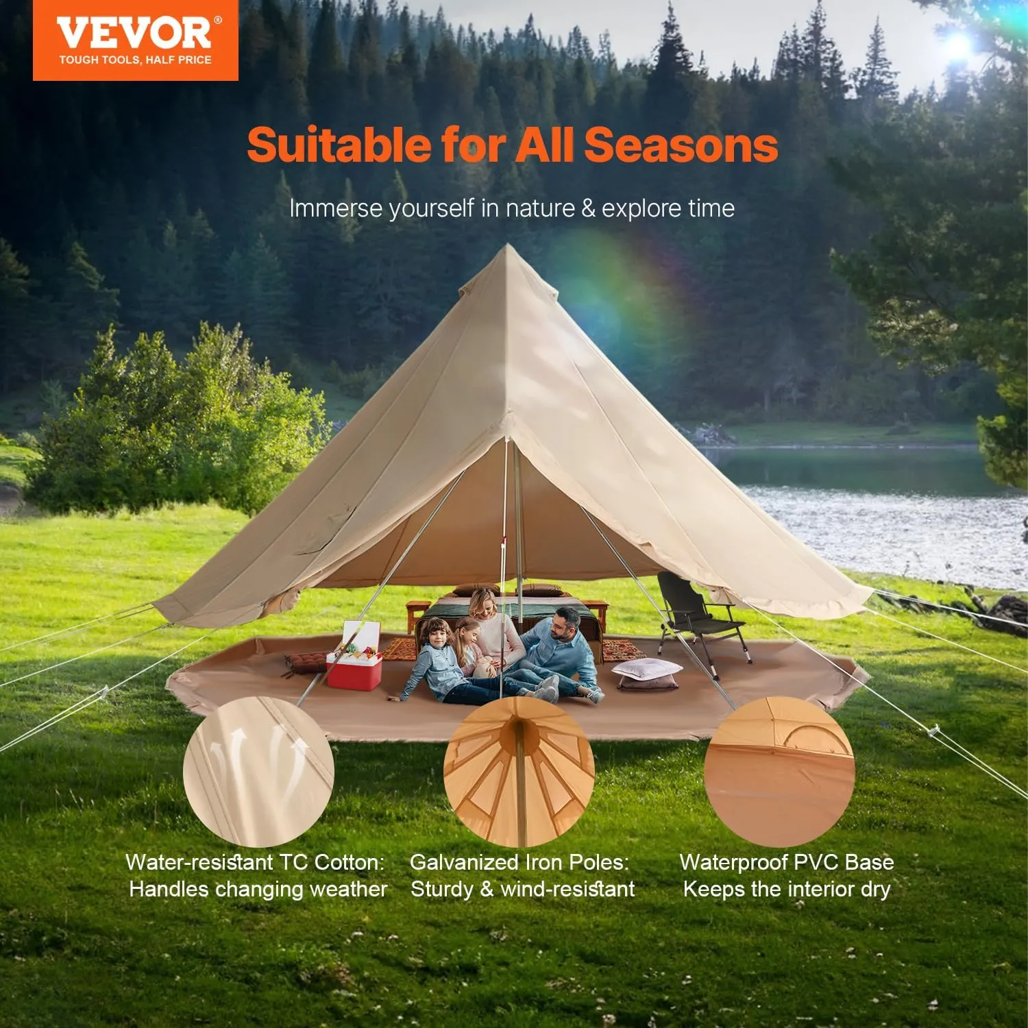 VEVOR Canvas Tent Bell, Yurt 4 Seasons for Camping with Stove Jack, Breathable Holds up to 4 People, Family Camping Outdoor Hunting Party