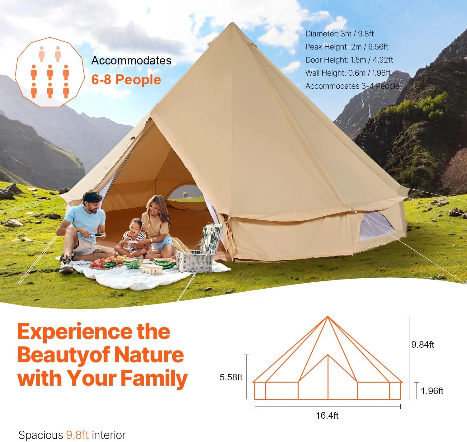 VEVOR Canvas Tent Bell, Yurt 4 Seasons for Camping with Stove Jack, Breathable Holds up to 4 People, Family Camping Outdoor Hunting Party