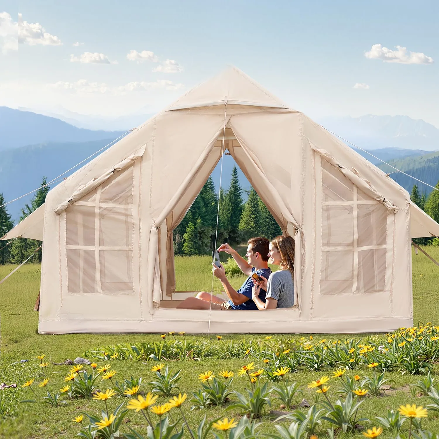 VEVOR Inflatable Tents for Camping, Easy Setup Blow up Tent with Hand Pump, 4 Season Glamping Tent with Stove Jack, Doors & Mesh Windows, Storage Bag Included for Easy Taking