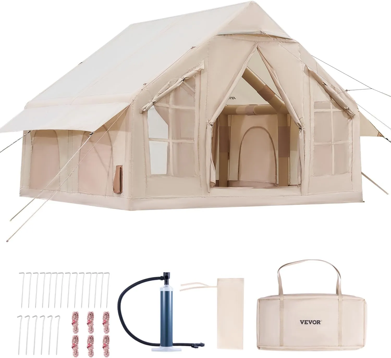 VEVOR Inflatable Tents for Camping, Easy Setup Blow up Tent with Hand Pump, 4 Season Glamping Tent with Stove Jack, Doors & Mesh Windows, Storage Bag Included for Easy Taking