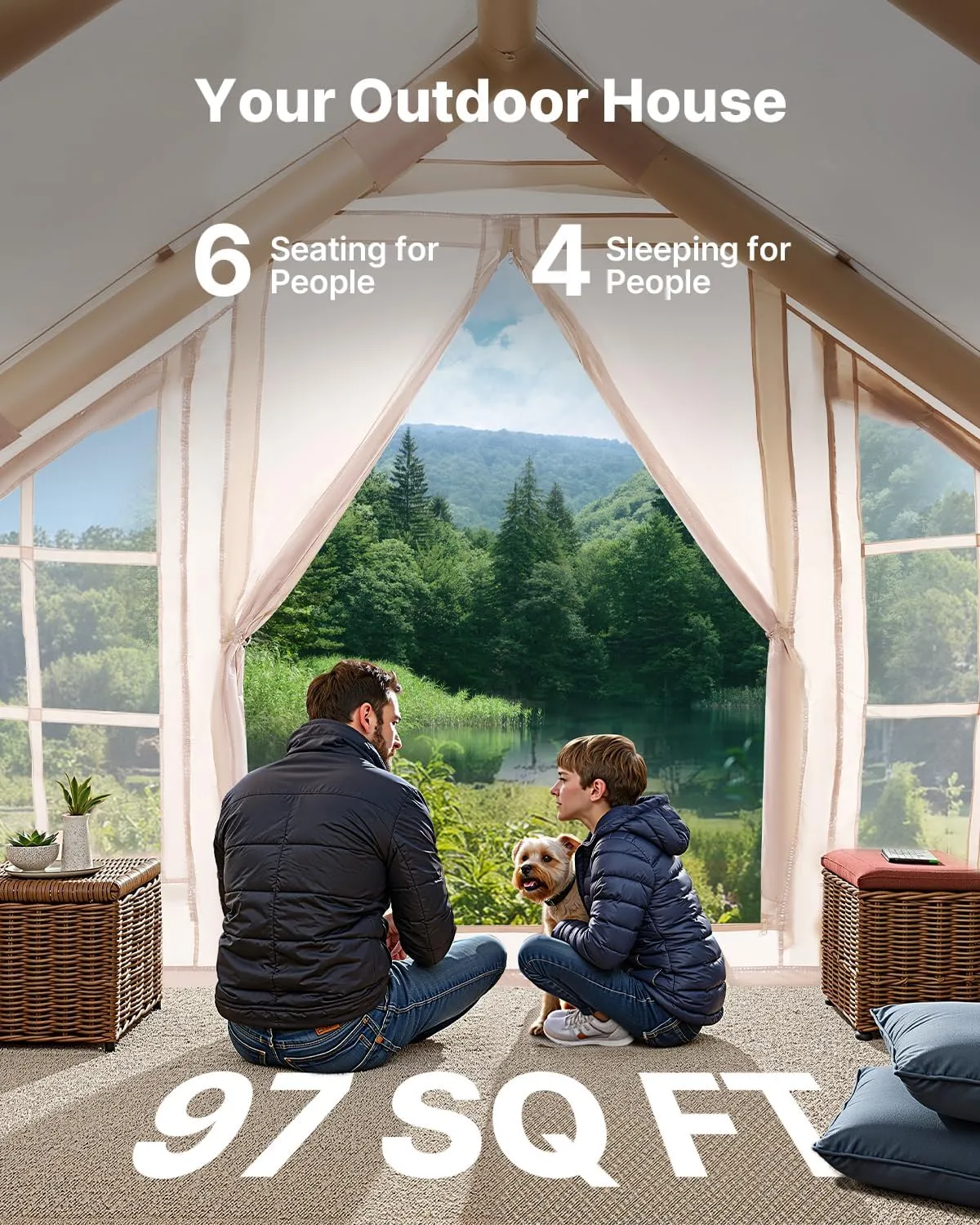 VEVOR Inflatable Tents for Camping, Easy Setup Blow up Tent with Hand Pump, 4 Season Glamping Tent with Stove Jack, Doors & Mesh Windows, Storage Bag Included for Easy Taking