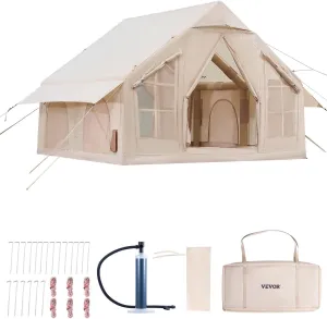 VEVOR Inflatable Tents for Camping, Easy Setup Blow up Tent with Hand Pump, 4 Season Glamping Tent with Stove Jack, Doors & Mesh Windows, Storage Bag Included for Easy Taking