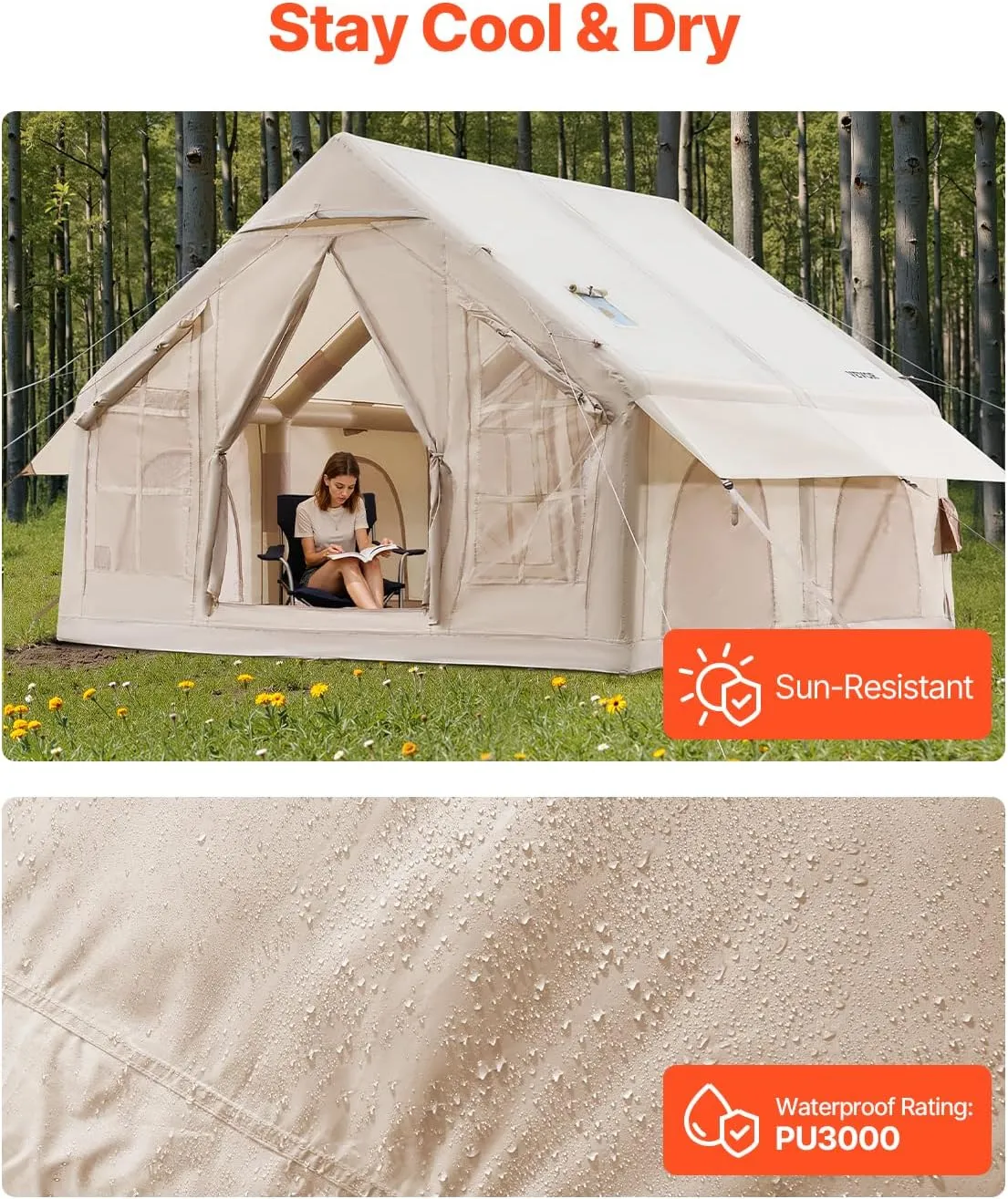 VEVOR Inflatable Tents for Camping, Easy Setup Blow up Tent with Hand Pump, 4 Season Glamping Tent with Stove Jack, Doors & Mesh Windows, Storage Bag Included for Easy Taking